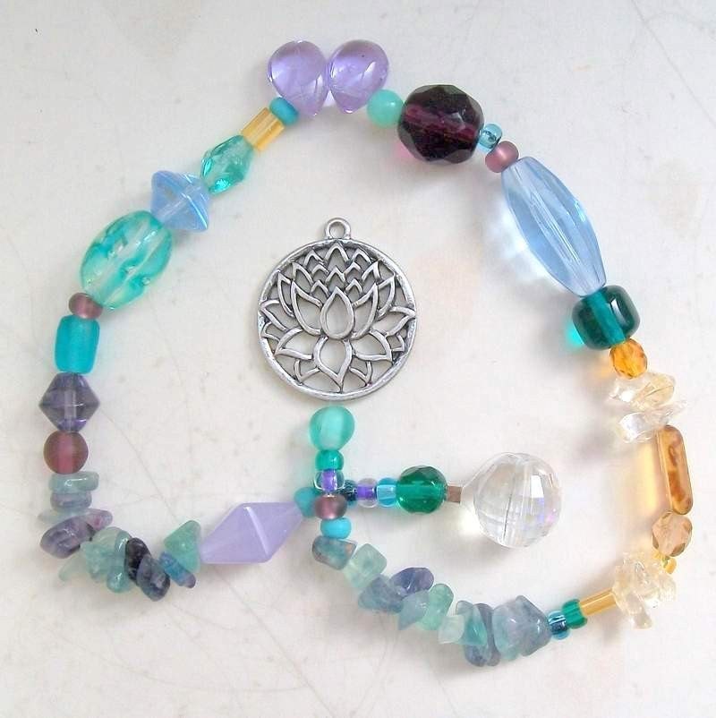 Goddess Lakshmi Lotus Flower Suncatcher Meditation Beads - Fluorite, Citrine, Silver - Handmade OOAK -Free US Shipping