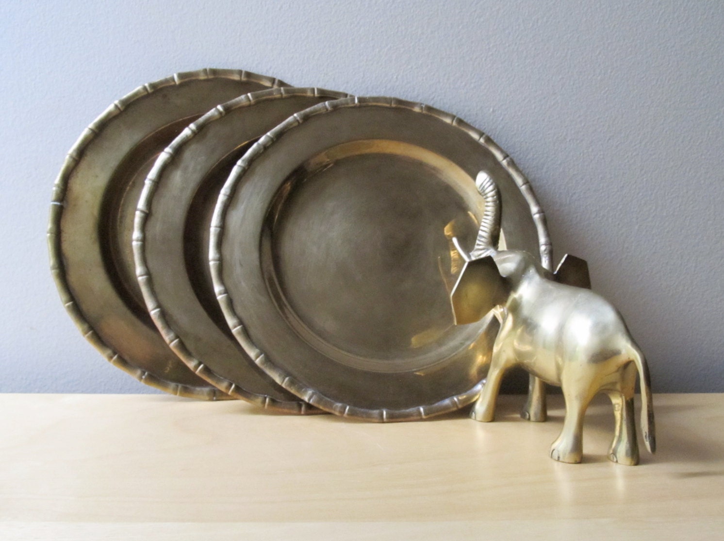 small brass charger, vintage brass plates, faux bamboo design