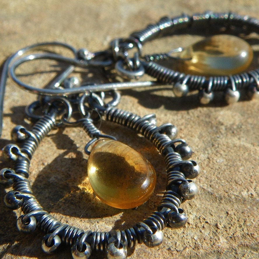 Sterling Silver and Sunshine Citrine Gemstone PEACOCK Earrings - November Birthstone - Handmade