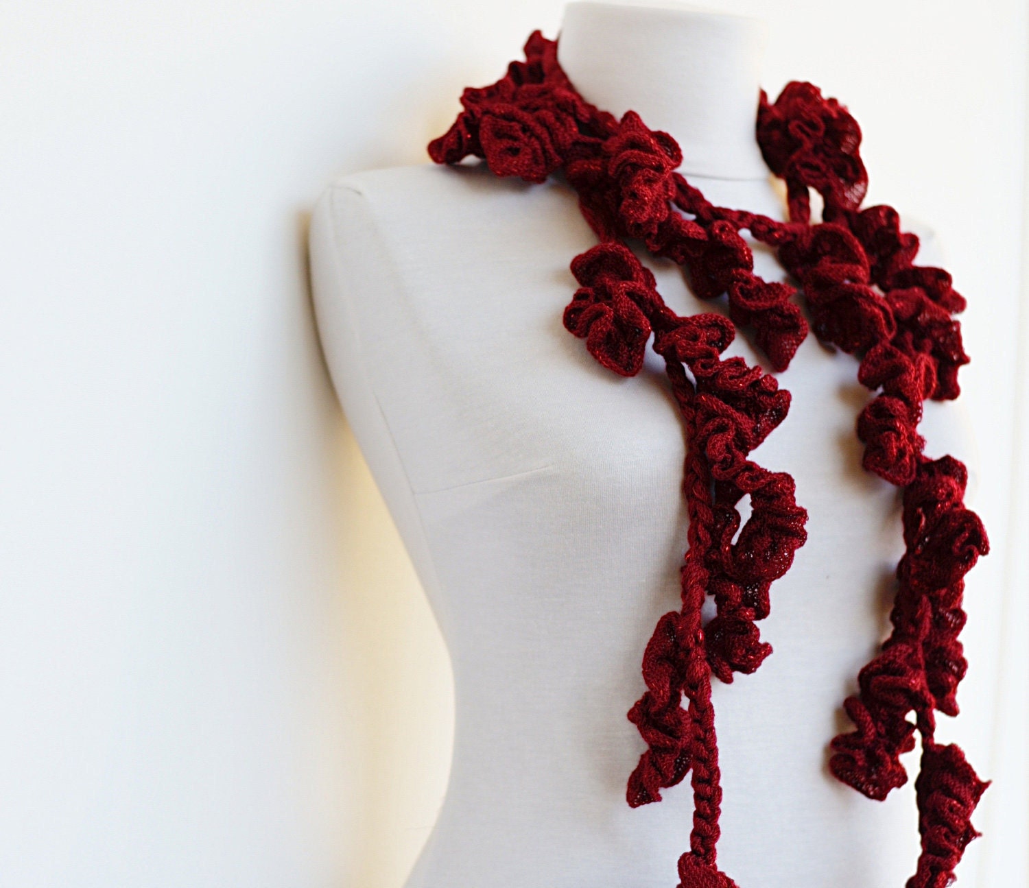 Red Ruffle Scarf, Crochet Scarves, Frilly Lariat Skinny Scarf, for Valentine