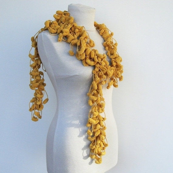 Honey gold mustard curly mulberry crochet scarf  - golden mustard citron goldenrod caramel