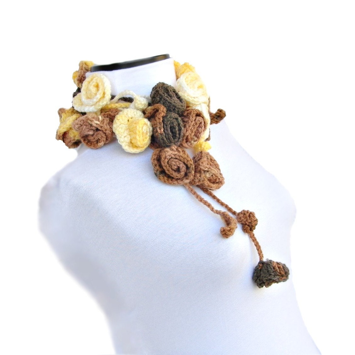 WAS 40...Turkish Roses and leaves lariat, belt, necklace ... Brown , tan , khaki , yellow ,white , mustard autumn colors
