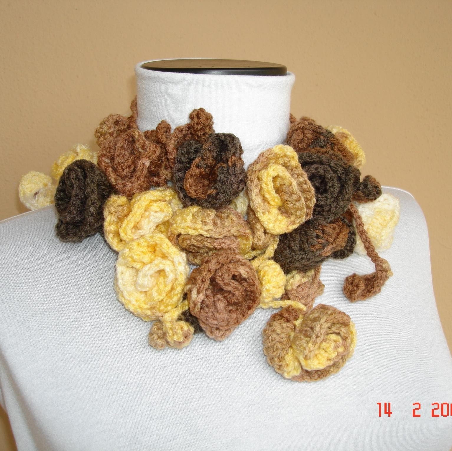 WAS 40...Turkish Roses and leaves lariat, belt, necklace ... Brown , tan , khaki , yellow ,white , mustard autumn colors
