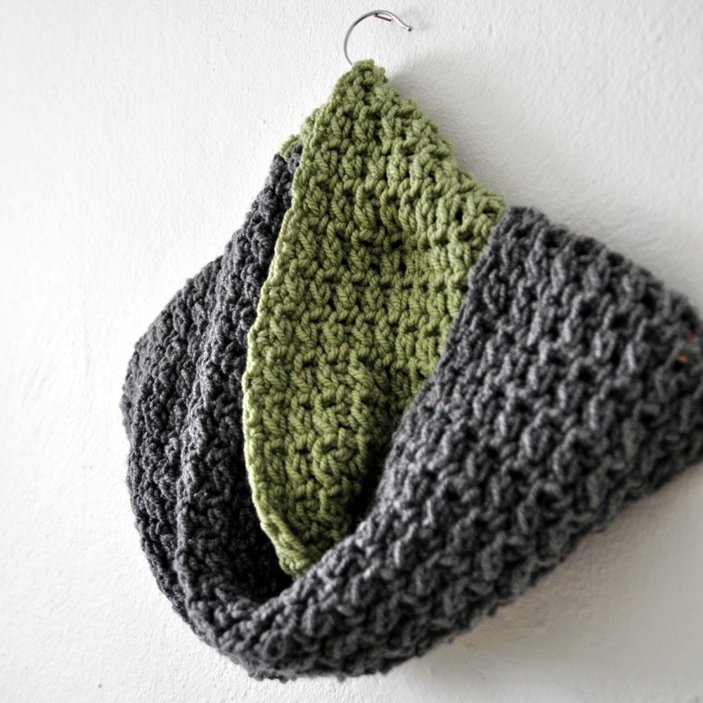 Chunky Knit Accessories - Infinity Scarf -  UNISEX -  Long Loop Circle Tube Endless Scarves - Gray and Sage - Color Block