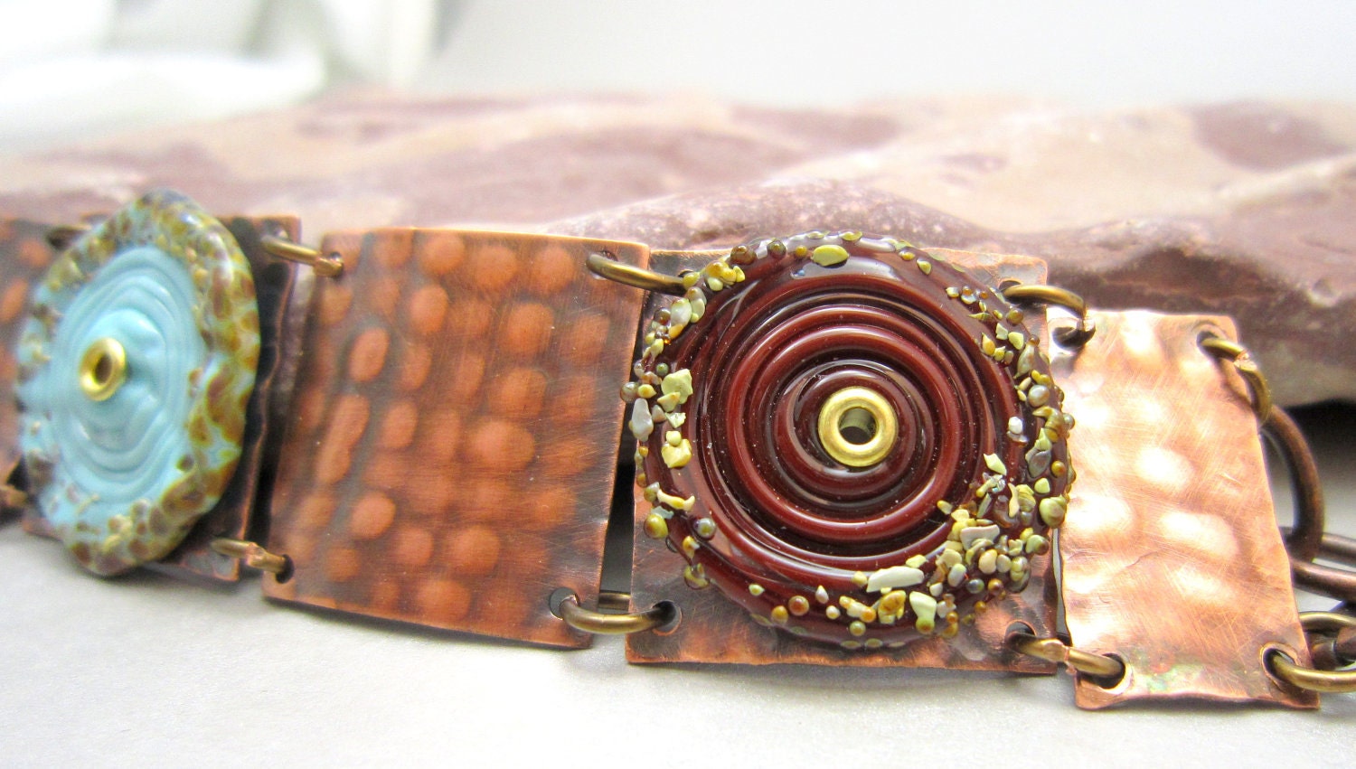 Rustic Copper and Brown Turquoise Glass Discs Bracelet