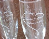 Butterfly Heart- Engraved Wedding Glass Toasting Flutes