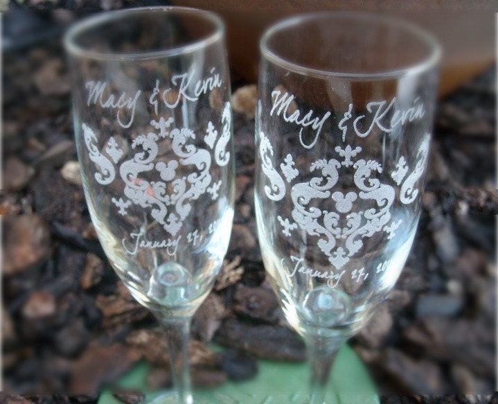 Hidden Mickey (Damask)- Engraved Wedding Glass Toasting Flutes