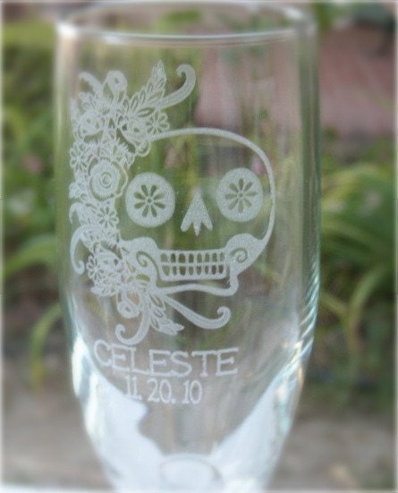 Sugar Skulls- Engraved Wedding Glass Toasting Flutes