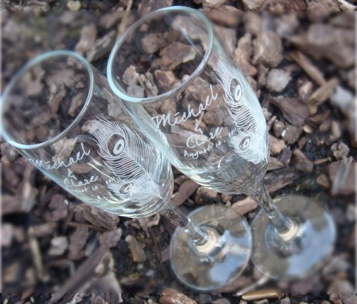 Peacock Feather- Engraved Wedding Glass Toasting Flutes