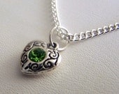 Peridot Green Heart Necklace - Heart Pendant - Rhinestone - birthstone - August birthstone  -Valentines Day - light green - silver