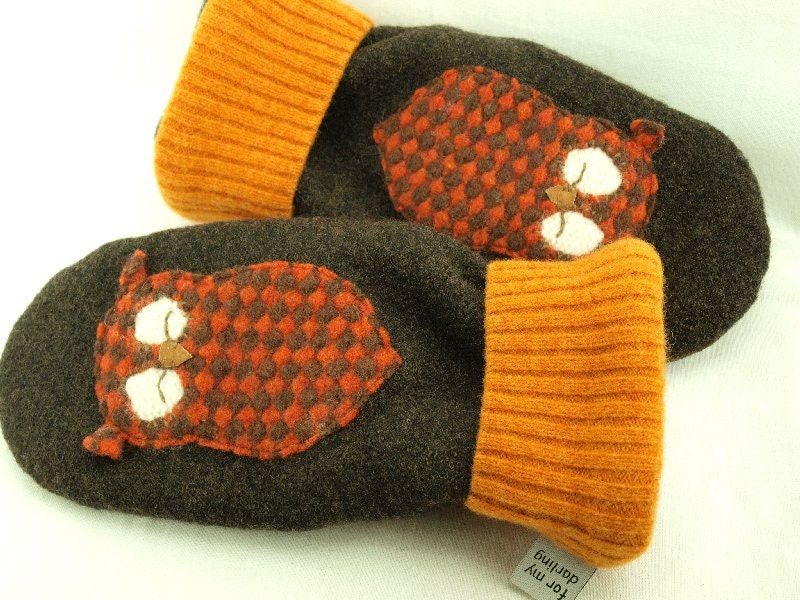 Woolen Mittens in Dark Brown, Orange, Yellow and Green with Owl Applique Fleece Lining Leather Palm Eco Friendly Upcycled Size M/L