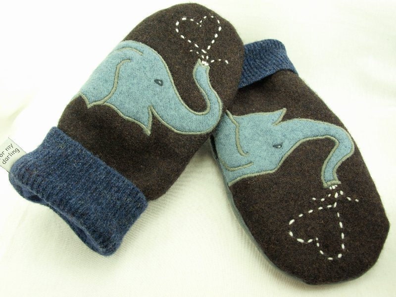 Wool Sweater Mittens Recycled Mittens Wool Mittens Brown Blue Elephant Applique Fleece Lining Leather Palm Eco Friendly Up Cycled Size M