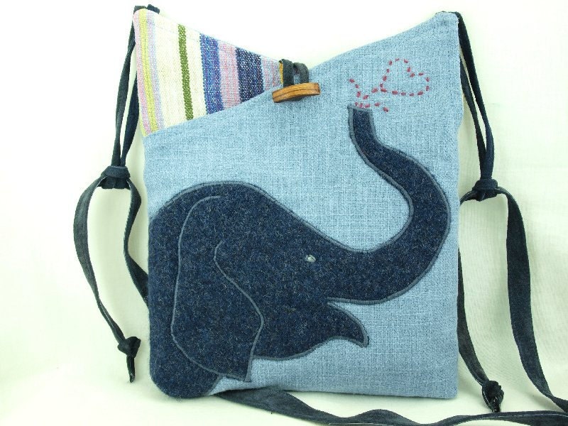 Elephant Messenger Bag Upcycled Linen Purse Linen Tote Laptop Light Blue Elephant Applique Adjustable Leather Strap Upcycled Eco Friendly