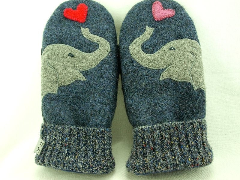 Wool Sweater Mittens Recycled Mittens Elephant Mittens Grey Applique Fleece Lined Mittens Leather Palm Eco Friendly Up Cycled Size L