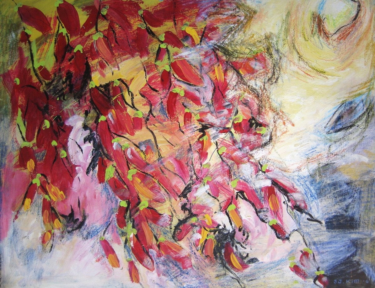 Red Abstract Painting red yellow blue canvas art Original Large Painting red pepper abstract painting chilli pepper art sj.kim