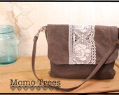 Women's Shoulder Bag & Wristlet in One -Boho Chic- Chestnut Brown - Rose Lace