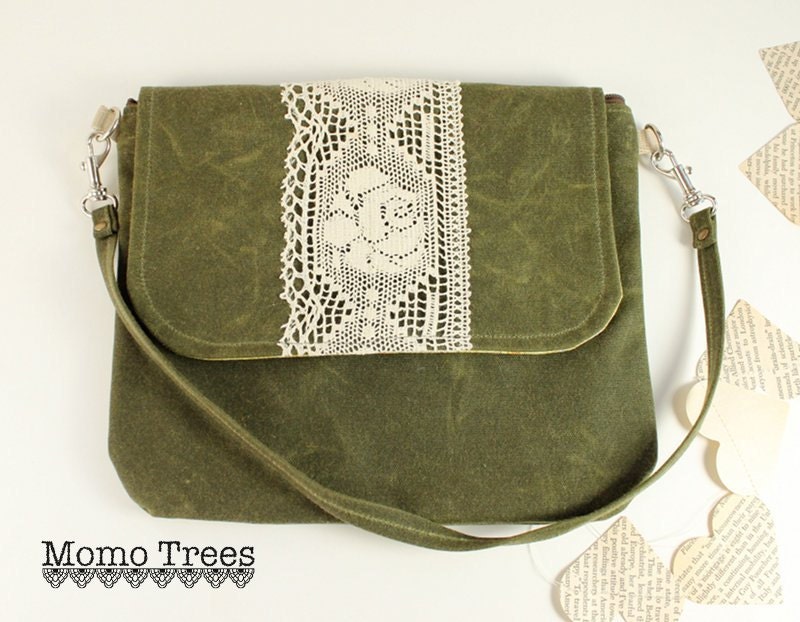 Waxed Canvas Shoulder Bag & Wristlet in One -Boho Chic- Hunter Green - Rose Lace