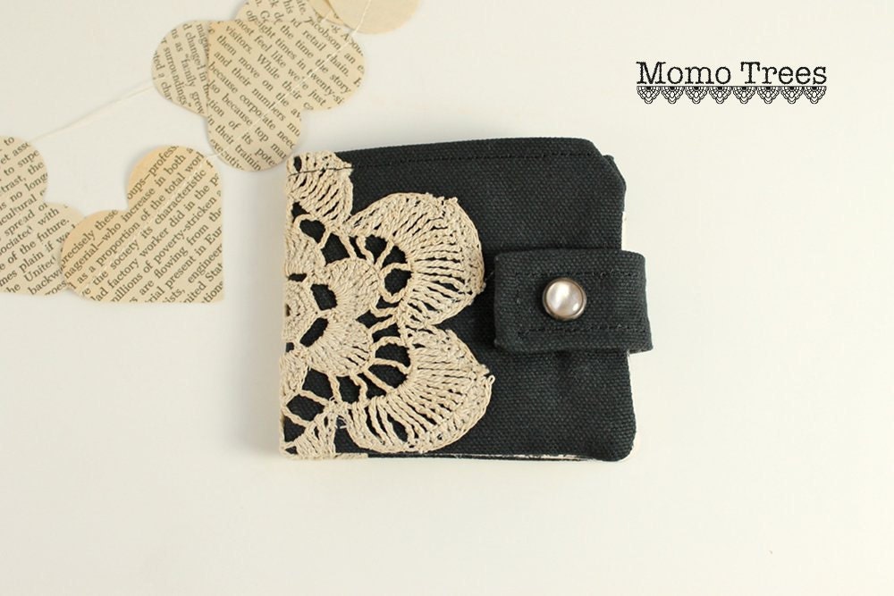 Handmade Women's Wallets-Fabric Credit Card Wallet-Upcycled Vintage Lace-Black and Tan