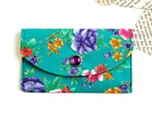 Fabric Credit Card Wallet - Women's Wallet -  Aqua background with Flowers accented in gold