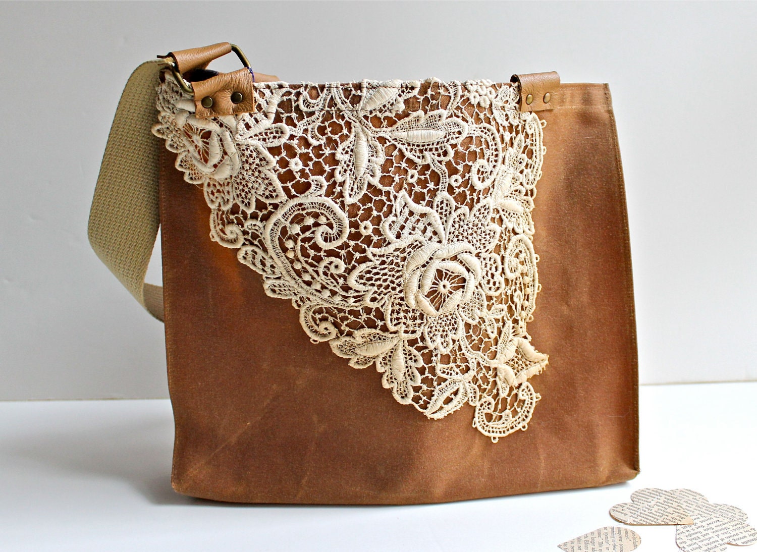 Waxed Canvas Lace Tote Bag -Women's Shoulder Bag - Vintage Lace - Rusty Brown - MomoTrees