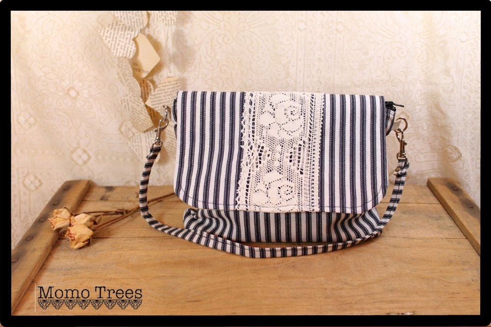 Wristlet and Shoulder Bag in One -Shabby Chic- Black and White Ticking - Rose Lace