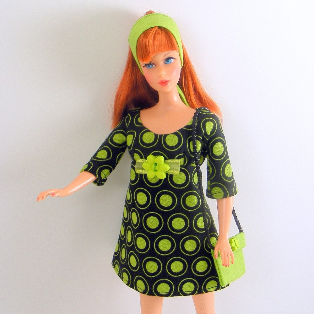 Barbie Dress Mod 60s Style Mini Dress Black Lime Green Circles Purse Headband Repro Barbie
