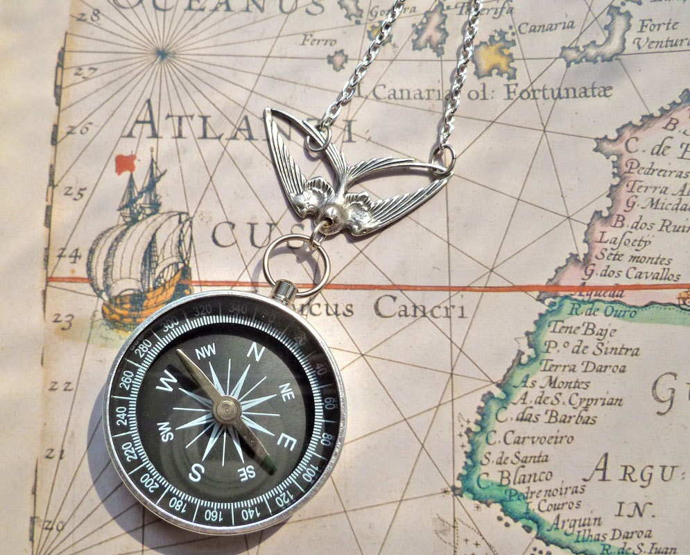 Compass Black and Silver Flying Swallow Bird Necklace Hike