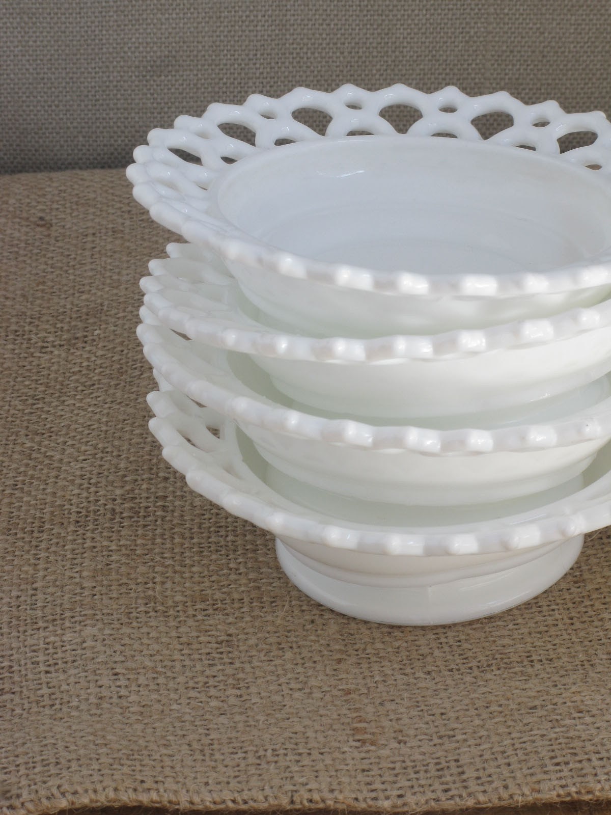 bowls - Set of 4 1930s Laced Edge Milk Glass footed