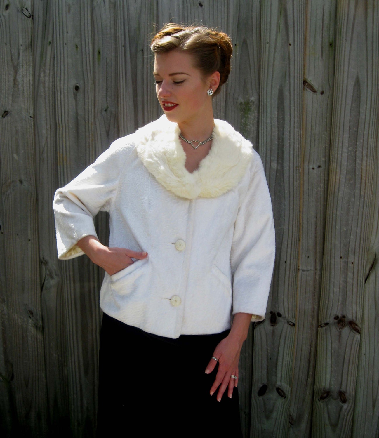 1960s Winter White Plush Jacket with Fur Collar - Mad Men Era