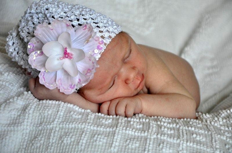 Pink Sequin Flower with Beaded Center with interchangeable White Crocheted Waffle Beanie Hat Free Shipping On All Additional Items