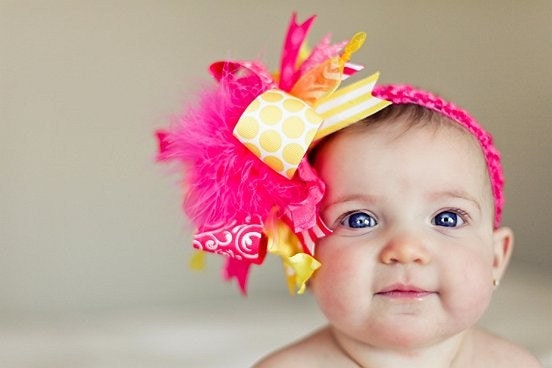 Shades of Yellow and Shocking Pink Over The Top Boutique Hair Bow on Matching Headband Free Shipping On All Addional Items