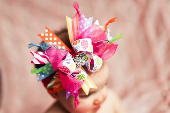 Easter Bow with Bright Color Easter Eggs Over The Top  Bow on matching Headband Free Shipping On All Addional Items