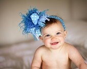 Turquoise and White Girls Over The Top Boutique Hair Bow on Matching Headband Free Shipping On All Addional Items