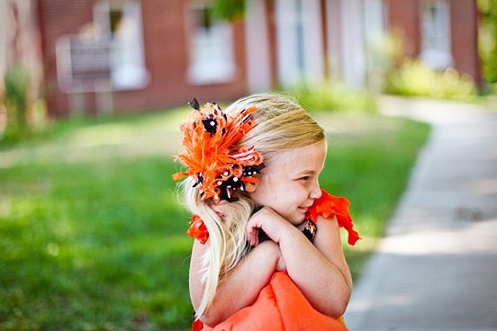 Halloween Over The Top Funky Boutique Hair Bow Orange and Black with Ostrich Puff on headband Free Shipping On All Additional Items