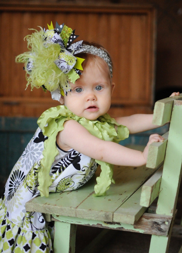Lemongrass Green Sliver and Black Butterfly Pillowcase Dress with Matching Over The Top Bow Free Shipping On All Addional Items