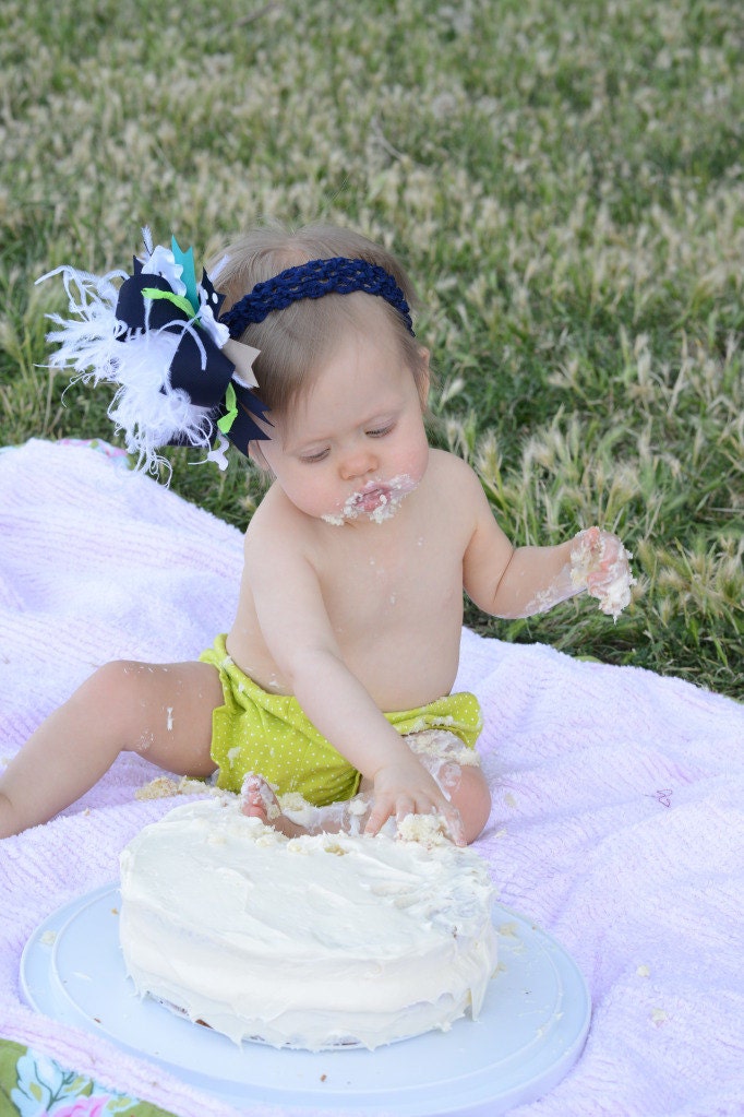 Navy White Aqua and Lime Accents Over The Top Boutique Hair Bow on Matching Headband M2M Carters Free Shipping On All Addional Items
