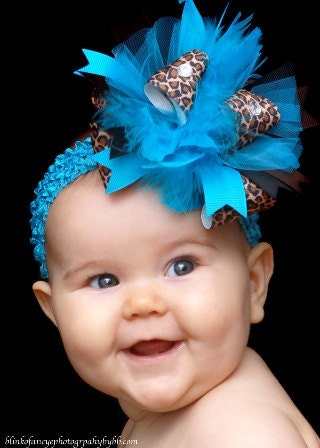 Turquoise Safari Over The Top  Bow on Matching Headband Free Shipping On All Addional Items