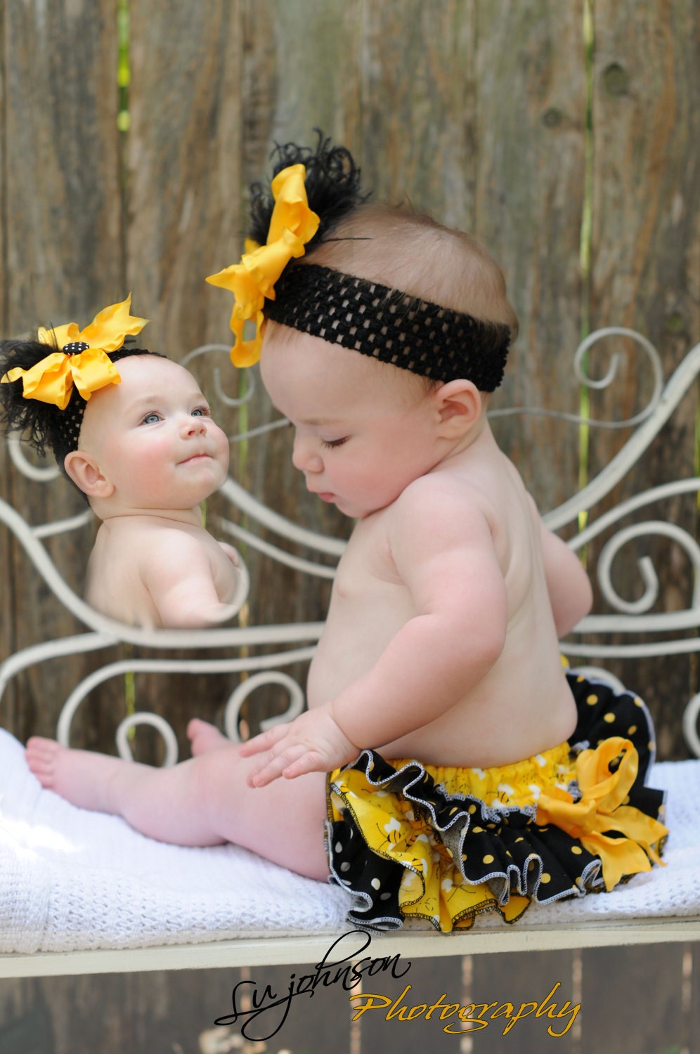 Kate's Busy Bees Fancy Pants Ruffled Diaper Cover and Matching Headband/Bow with Curly Ostrich-PHOTO PROP