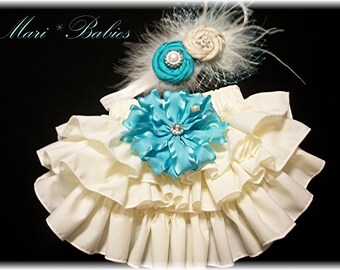 The Giuliana-Cream and Aqua Fancy Pants Ruffled Diaper Cover with Vintage Inspired Headpiece-Photo Prop