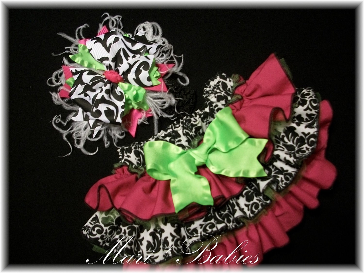 The Anna Leigh Fancy Pants Ruffled Diaper Cover in Damask and Raspberry and Lime Tulle with Matching Hairbow Photo Prop