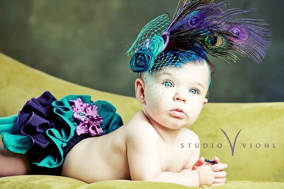 The Royal Collection -' Princess Daisy's Peacock '-Fancy Pants Ruffled Diaper Cover with Matching Vintage Inspired Headpiece-PHOTO PROP