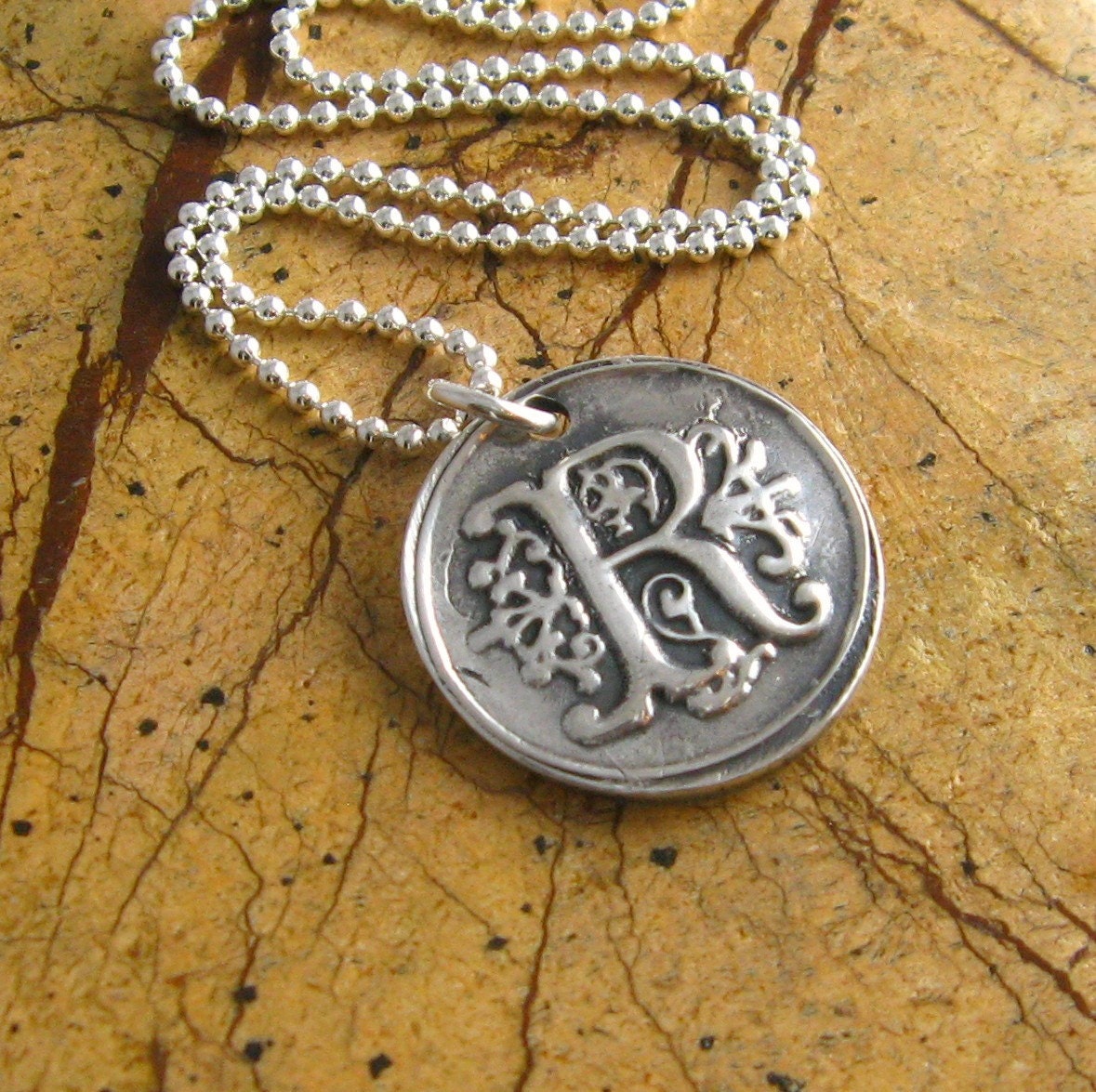 Silver Wax Seal Monogram Necklace Custom Initial Necklace Personalized Jewelry Rustic Vintage Inspired PMC Eco Friendly Pendant For Her