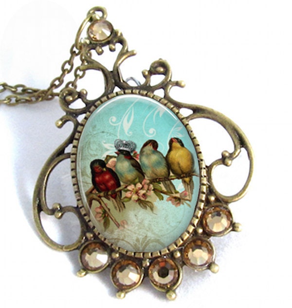 Vintage Birds Cameo Art Pendant Resin Jewelry Necklace Resin Pendant Photo Charm Pendant, Resin Picture Pendant  (0269)