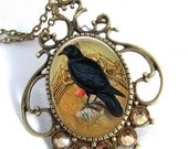 Vintage Brass & Crystal Raven Art Pendant Resin Jewelry Cameo Necklace Resin Pendant Photo Charm Pendant, Resin Picture Pendant  (0246)
