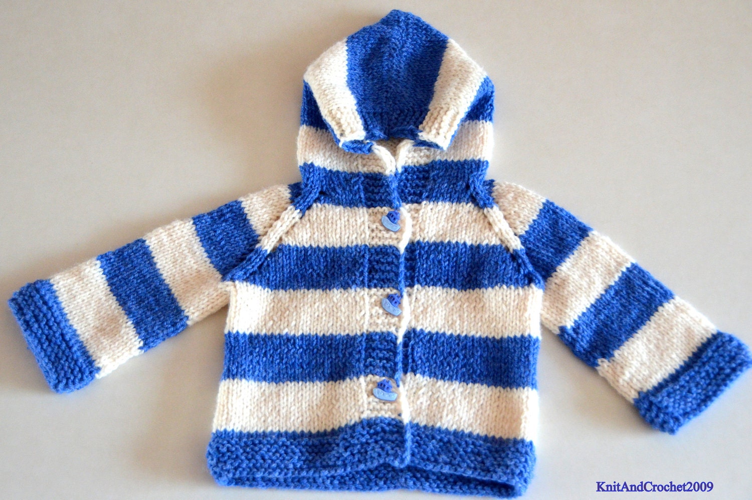 Hand Knitted Hooded Little Sailor Striped Sweater,Jacket,Blue,White 9-12 Months