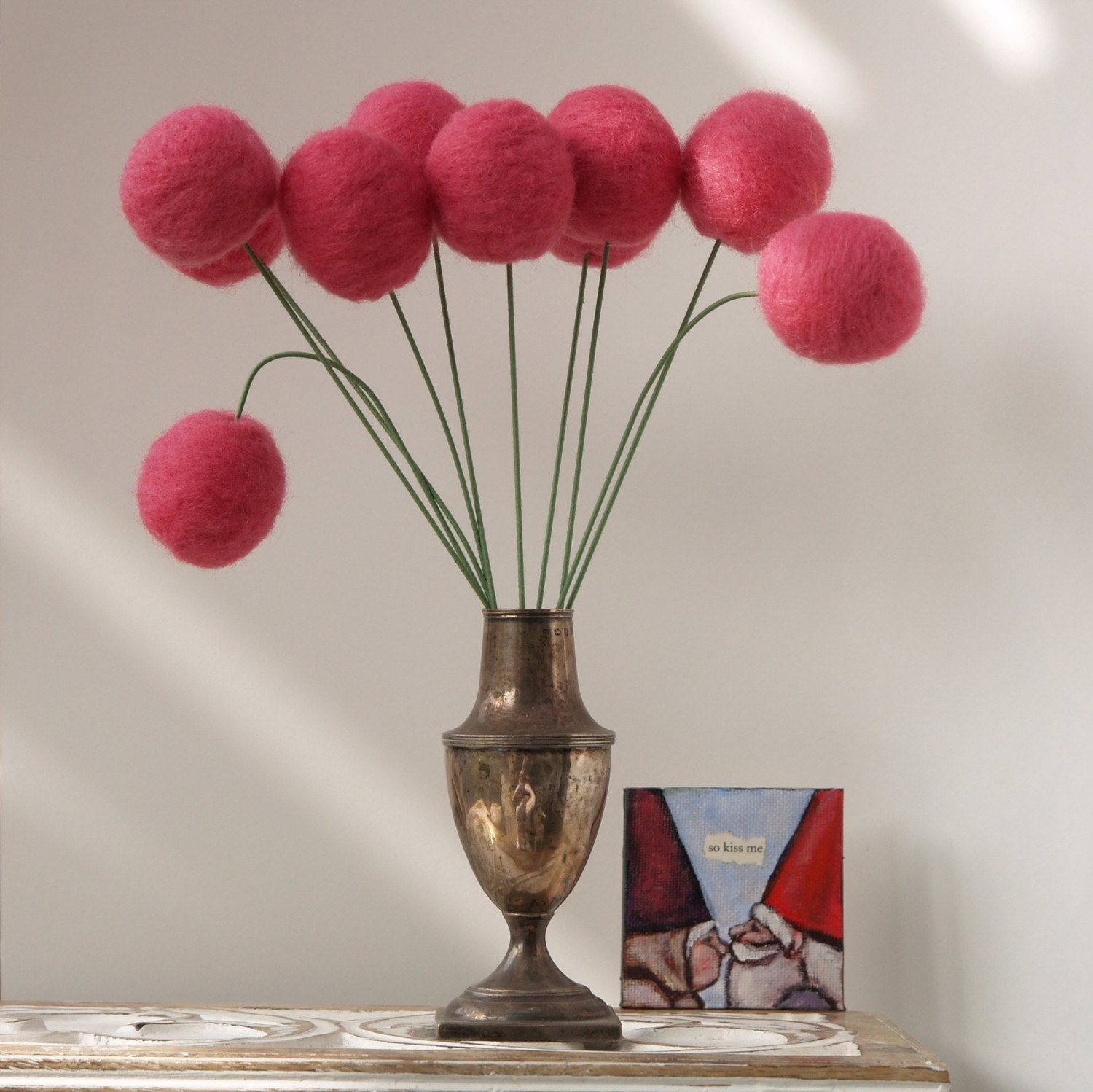 Wool Pom Pom Flowers, felt Craspedia Billy Button Ball Blooms home decor woodland brown handmade housewarming gift fuschia pink large