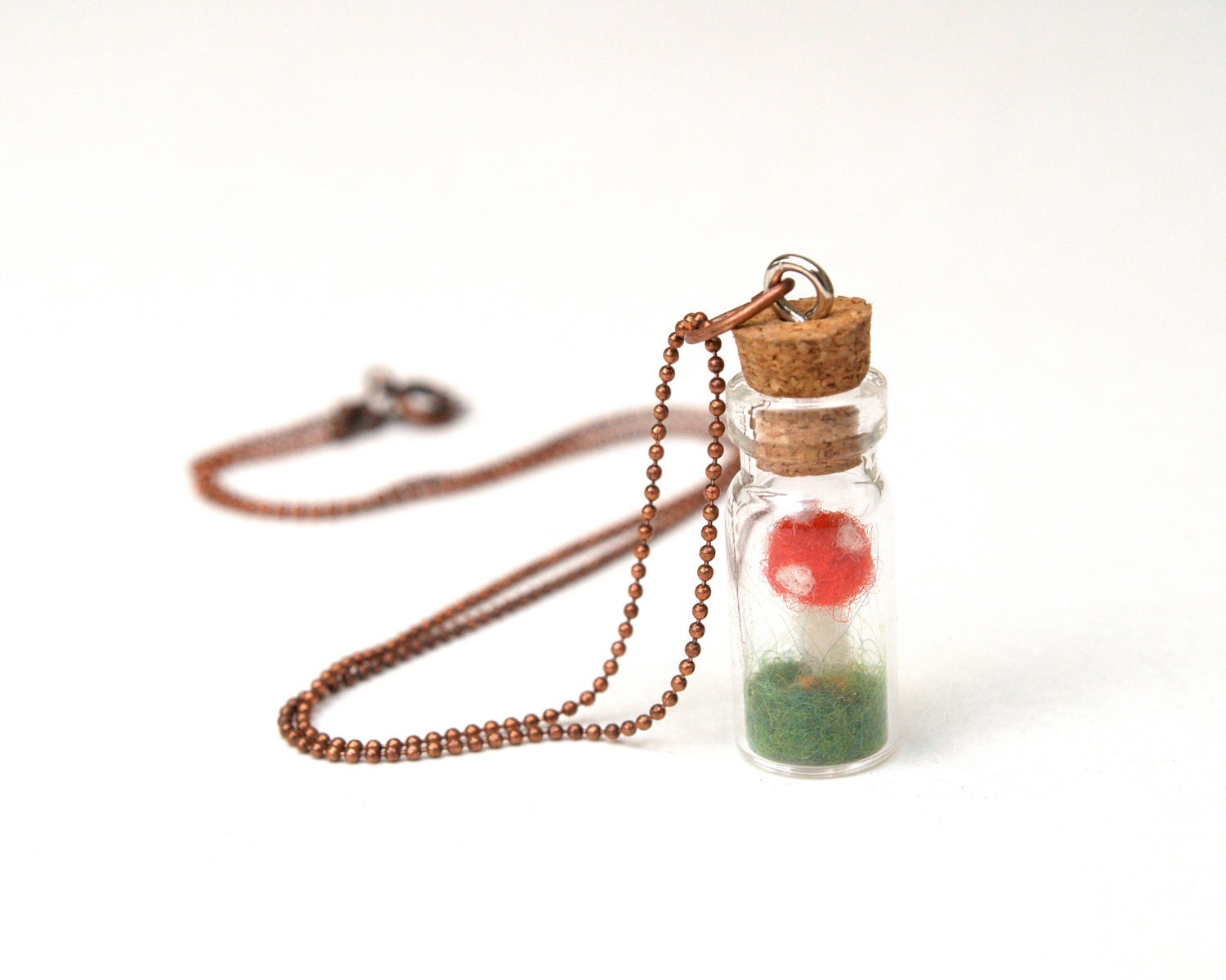 Toadstool Terrarium Necklace, wool felt pendant jewelry whimsical woodland red moss flower girl bridesmaid wedding miniature Christmas Gift