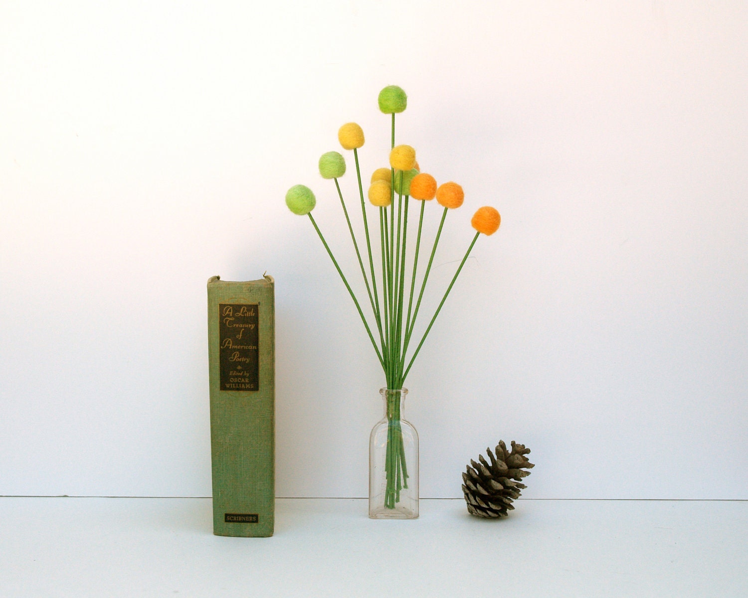 Craspedia, wool billy button ball flowers felt felted home decor Autumn Fall Thanksgiving colorful floral arrangement everlasting