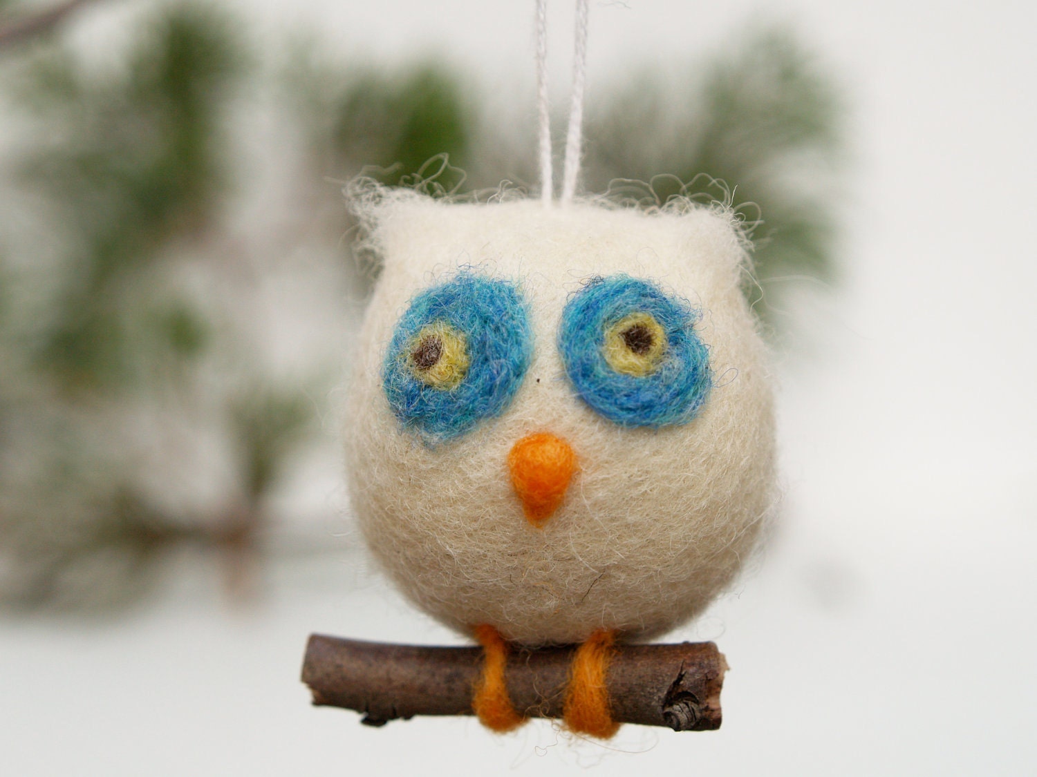 Owl Holiday Ornament Wool Needle Felt Decoration Woodland Tree Waldorf Bird Home Decor Blue White decorating nature Fairyfolk