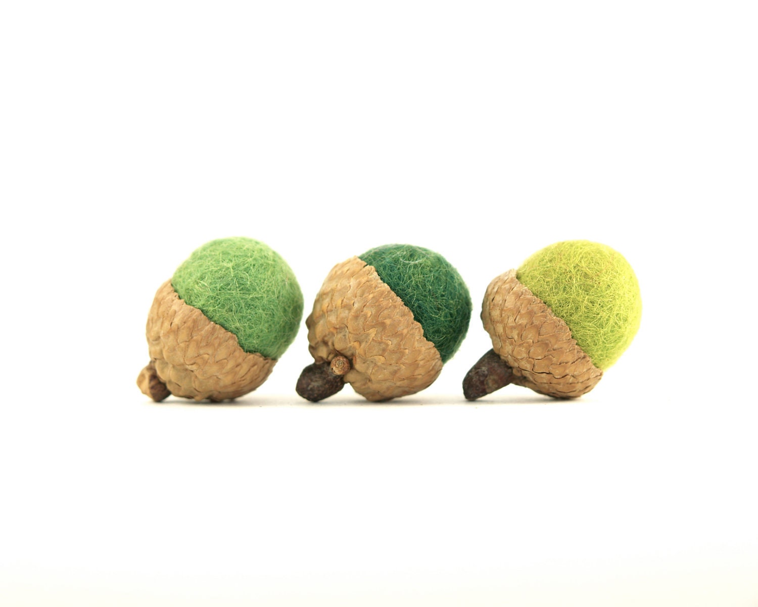 Green Needle Felted Acorns, Three shades of woodland green, natural, earthy and unique home decor